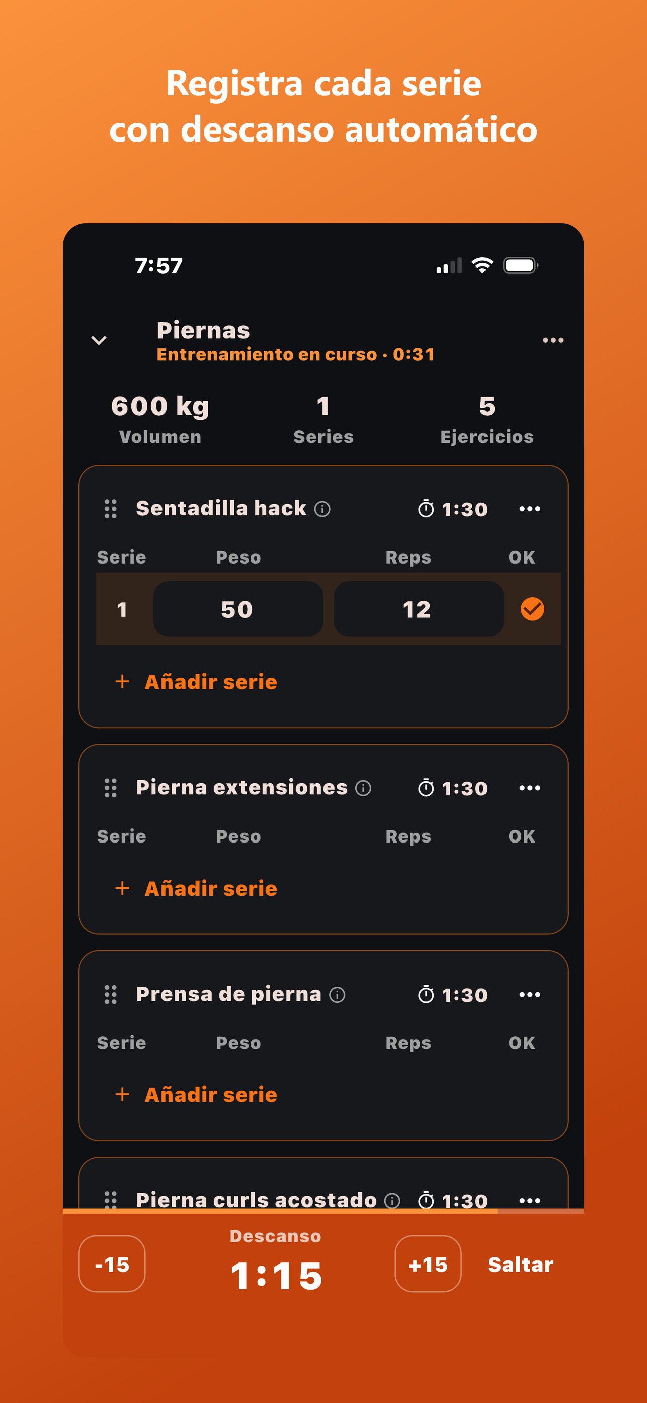 Registrar series de un entrenamiento con descanso automático