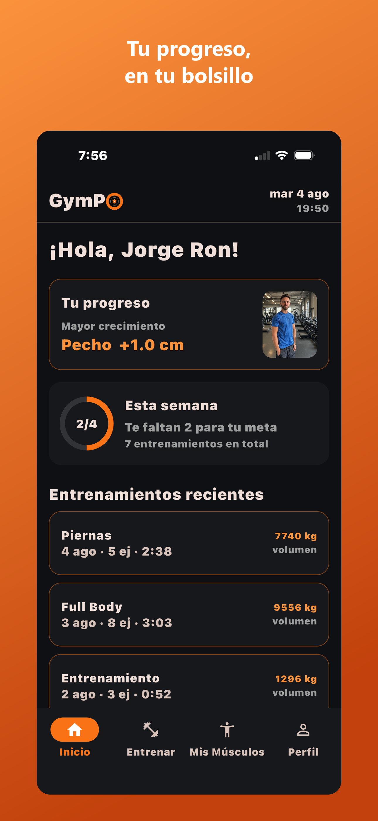 Pantalla de inicio de GymPo mostrando tu progreso semanal y entrenamientos recientes
